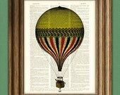 Print On Dictionary Page Cool Yellow and Red and Black Striped Hot Air Balloon voyage illustration dictionary page book altered art print