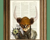 Catseye the Mauler VIKING CAT with battle axe, helmet and Nordic horns illustration beautifully upcycled dictionary page book art print