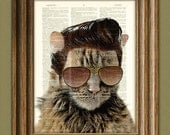 Cat Print Tennessee Tom ROCKABILLY Elvis CAT with pompadour and sideburns dictionary page book art