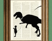 Pet Dinosaur Art Print in Silhouette 'Tyler and Rex' beautifully upcycled dictionary page book art print