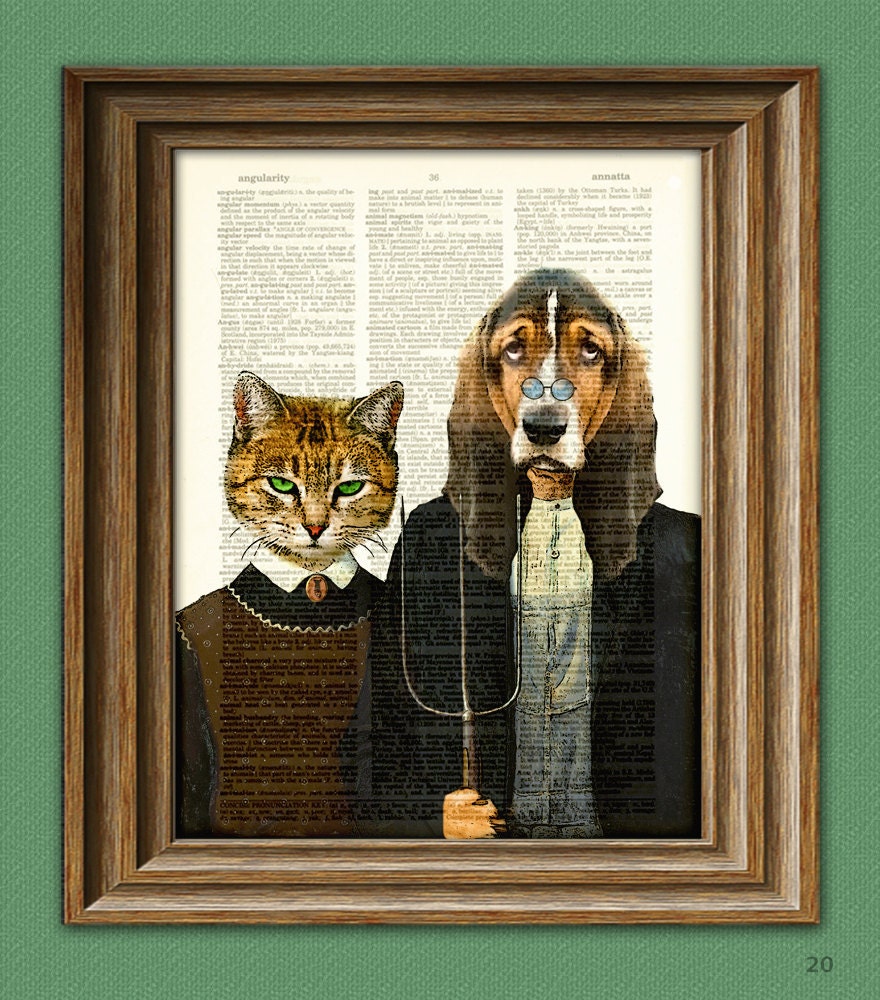 Kennel Gothic Dog and Cat illustration beautifully upcycled dictionary page book art print  'American Gothic'