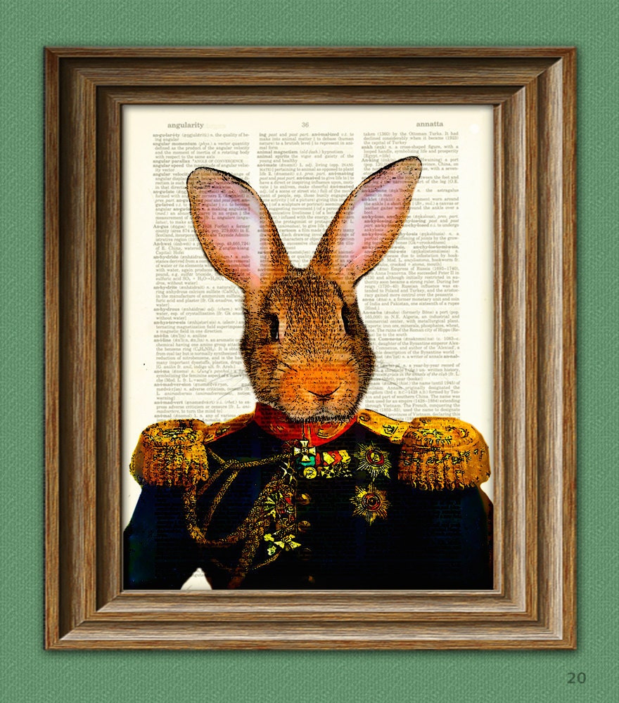 General Fluffy Bunny Rabbit with military uniform and mad medals illustration beautifully upcycled dictionary page book art print