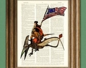 President George Washington riding a Pterodactyl Dinosaur beautifully upcycled dictionary page book art print General Washington