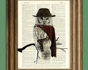 The Owl with No Name COWBOY OWL illustration beautifully upcycled dictionary page book art print