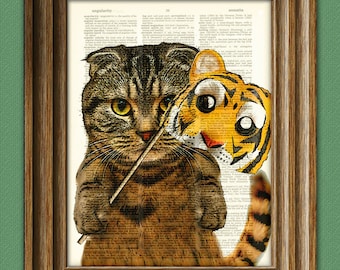 Halloween Cat with Tiger Mask Costume 'Scottie's Inner Tiger' Dictionary Page art print