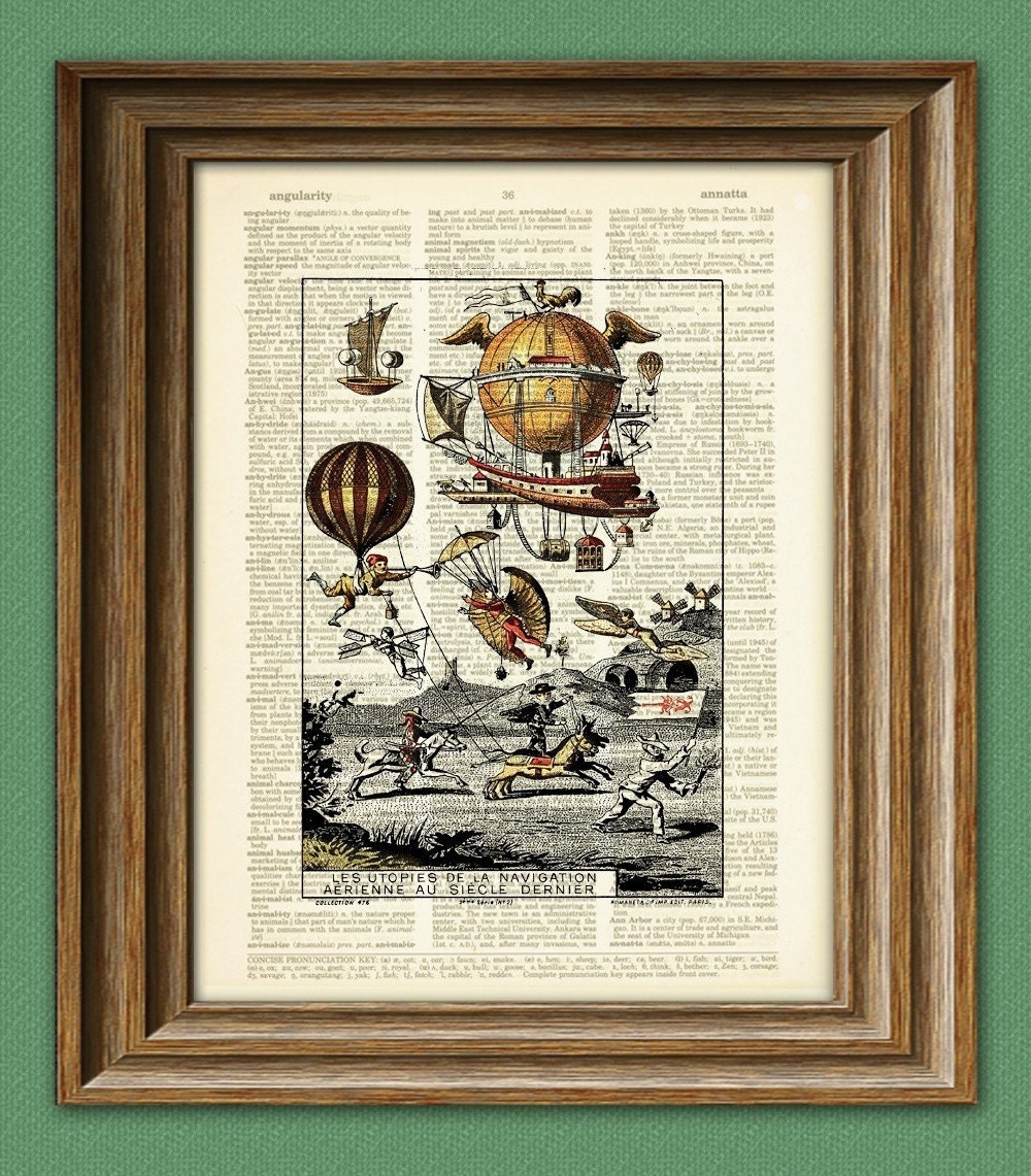 Future Flight Hot Air Balloons beautifully upcycled vintage dictionary page paper book art print