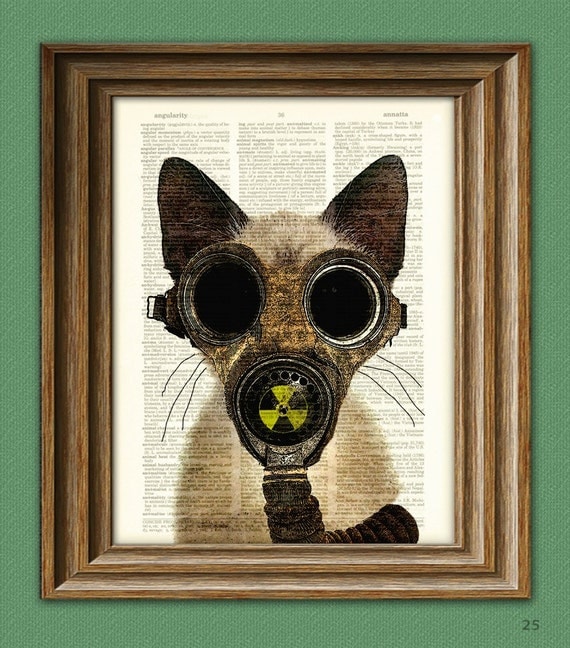 Art Steampunk Print Fallout Kitten Post Apocalyptic gas mask cat illustration beautifully upcycled dictionary page book art print