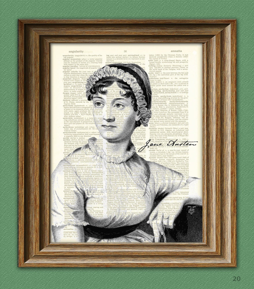 Jane Austen Print Cool writer illustration upcycled dictionary page book art print
