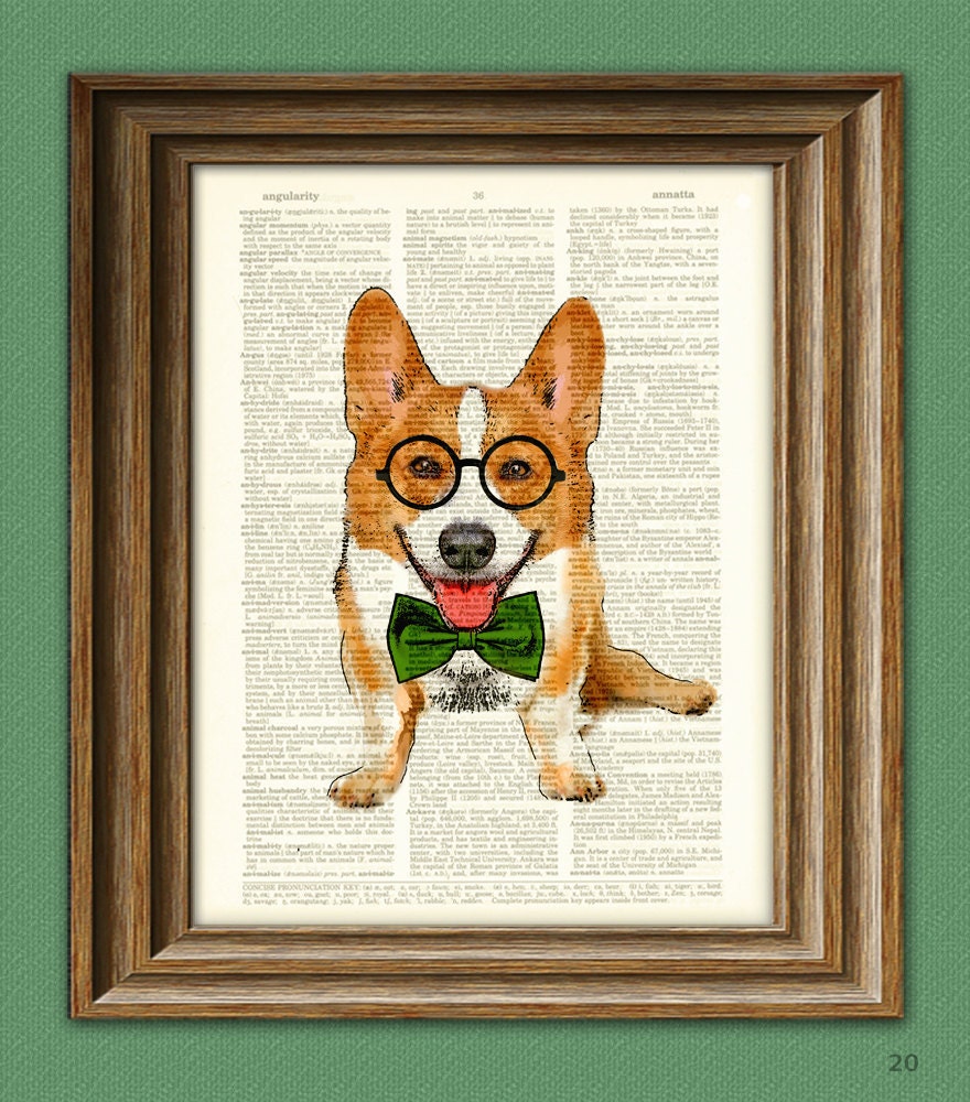Poindexter the Teacher's Pet Corgi with glasses and bow tie Corgi dog original art vintage dictionary page book art print