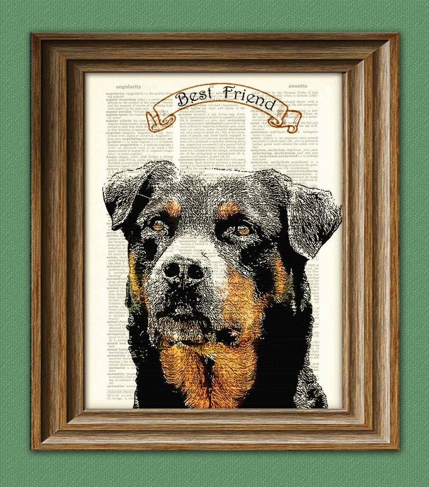 Dog Art Print ROTTWEILER dog beautifully upcycled vintage dictionary page book art print PERSONALIZED
