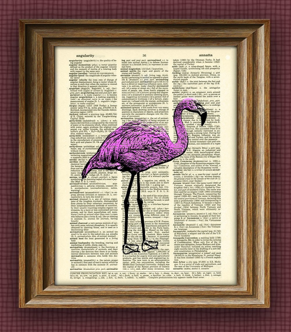 Pink Flamingo Art Print over an upcycled vintage dictionary page book art altered