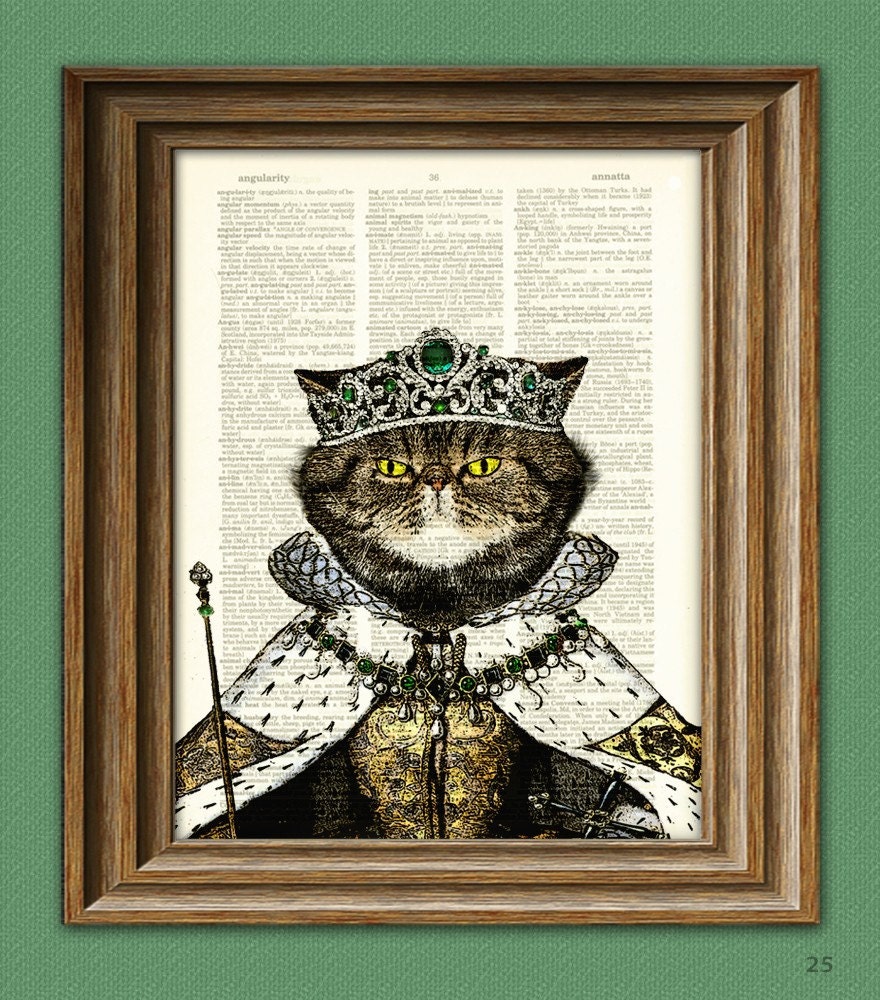 PRINCESS PRETTY KITTY royal cat with Emerald Tiara, Robes, and Scepter illustration beautifully upcycled dictionary page book art print