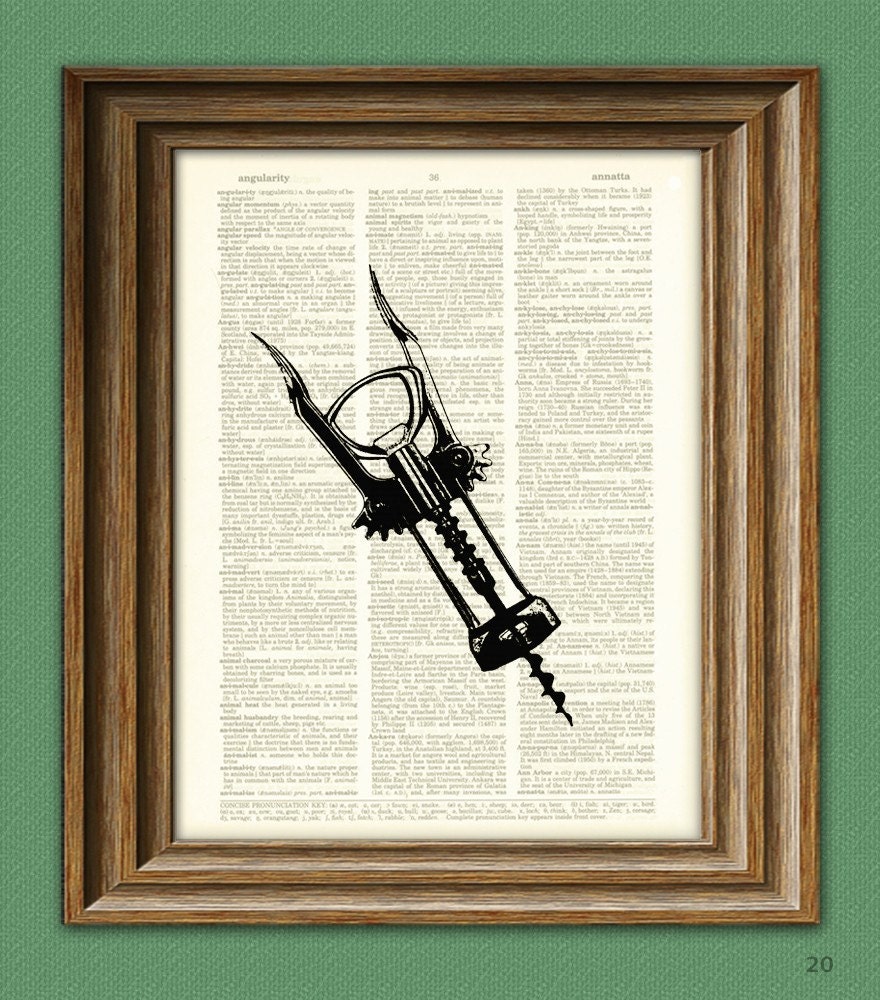 Wine bottle opener cork print over an upcycled vintage dictionary page book art