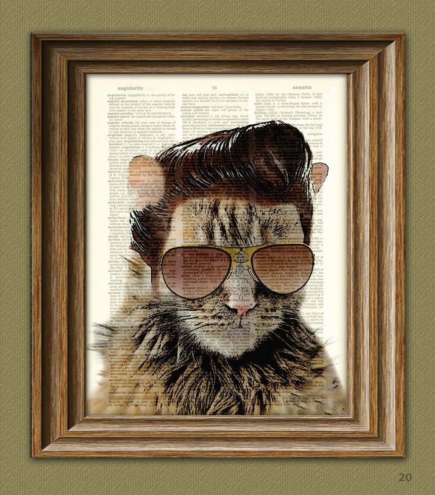 Cat Print Tennessee Tom ROCKABILLY Elvis CAT with pompadour and sideburns dictionary page book art
