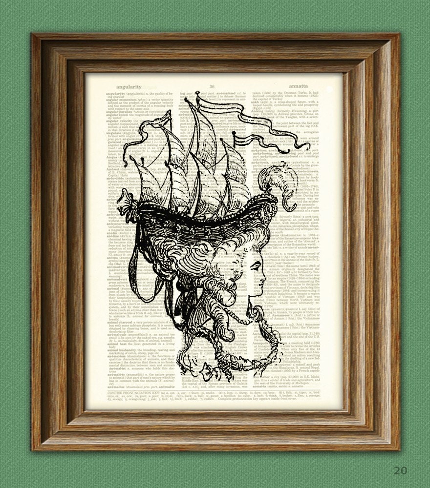 Marie Antoinette with Boat Hat illustration beautifully upcycled dictionary page book art print