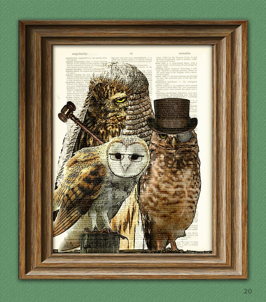 Owl Art Print A Parliament of Owls illustration Animal Groups Collection upcycled dictionary page book art print