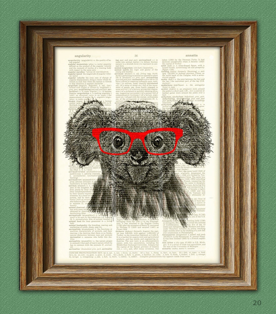 Koala Bear Smarty Pants with red glasses illustration beautifully upcycled dictionary page book art print
