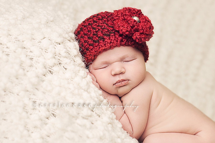 Baby Beanie in Red and Chocolate with detachable Crochet Flower