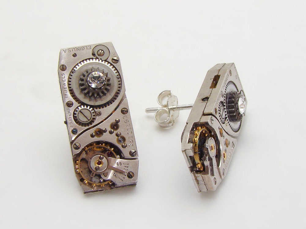 Steampunk Earrings vintage Elgin watch movements ruby jewels gears Sterling Silver posts Swarovski crystal jewelry by Steampunk Nation 1437