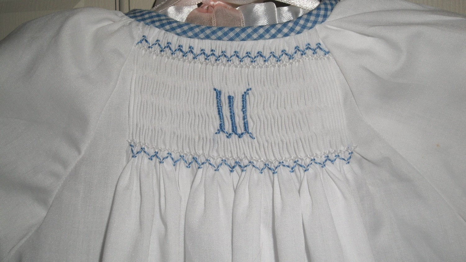 White Monogramed Smocked Daygown, Pink or Blue