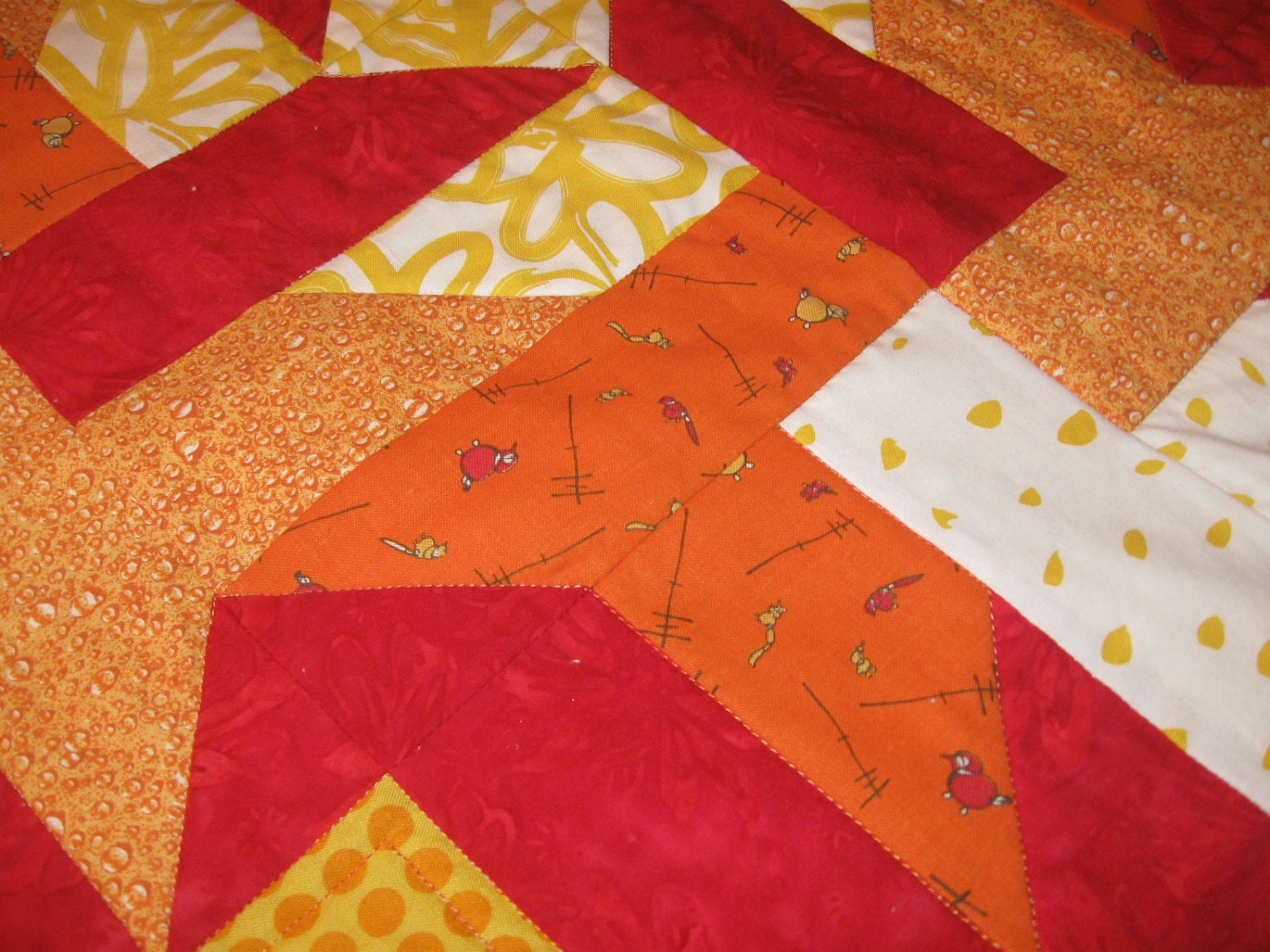 Red, Yellow, Orange Birds on My Quilt - Picnic Cloth, Lap Quilt