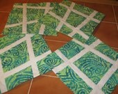 SALE - Teal and Green Batik Wonky Pound Sign Quilted Placemats with Yellow Backs