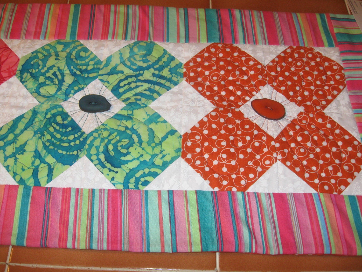 SALE - Bright Floral Quilted Table Runner with Buttons