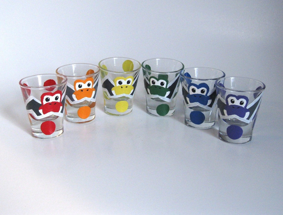 Yoshi Egg Shot Glasses- Set of 6 Rainbow Hand Painted Mario Inspired Glasses