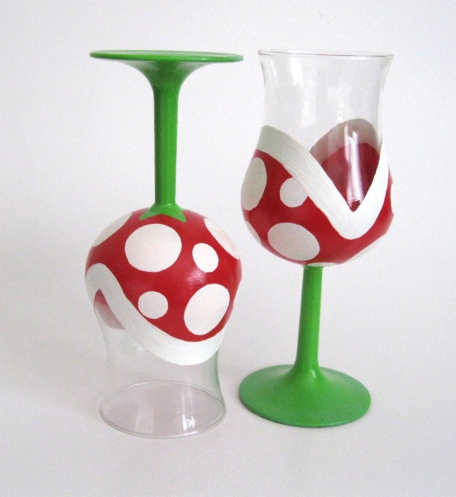 Piranha Plant Wine Glasses - Hand Painted Mario Inspired Set of 2 Glasses