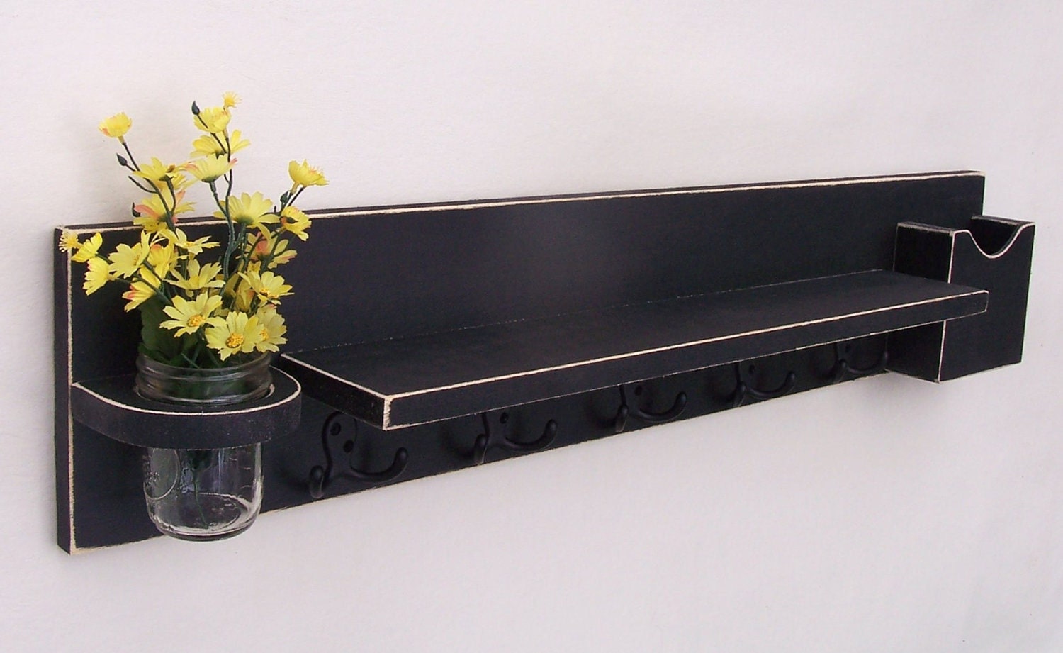 Coat Rack Shelf with Mail Holder - Coat Hooks - Jar Vase - Painted Wood Shelf