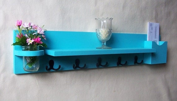 Coat Rack Shelf with Mail Holder - Coat Hooks - Jar Vase - Painted Wood Shelf