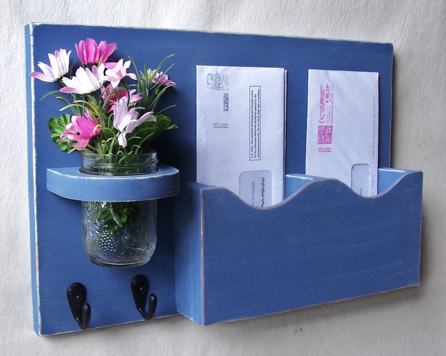 Mail Holder - Double Slots - Key Hooks - Jar Vase - Organizer - Painted Distressed Wood