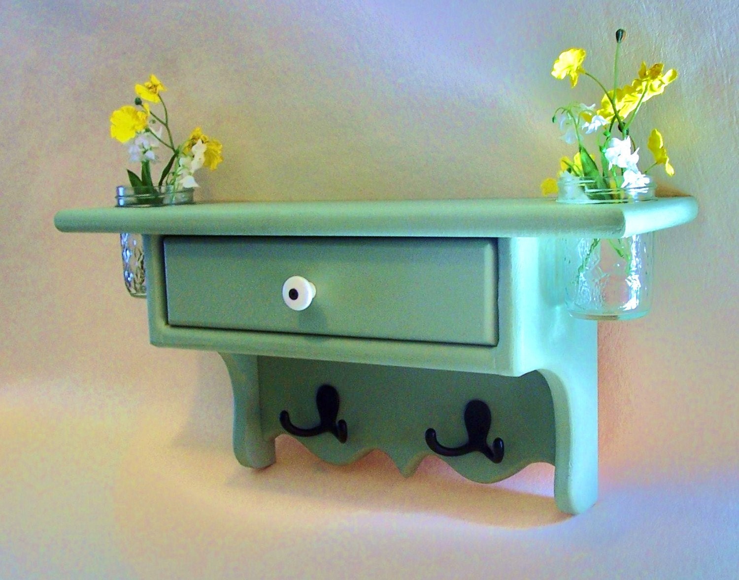Shelf with Drawer - Jar Vases - Coat Hooks - Coat Rack - Painted Wood