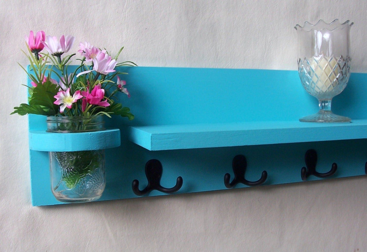 Coat Rack Shelf with Mail Holder - Coat Hooks - Jar Vase - Painted Wood Shelf