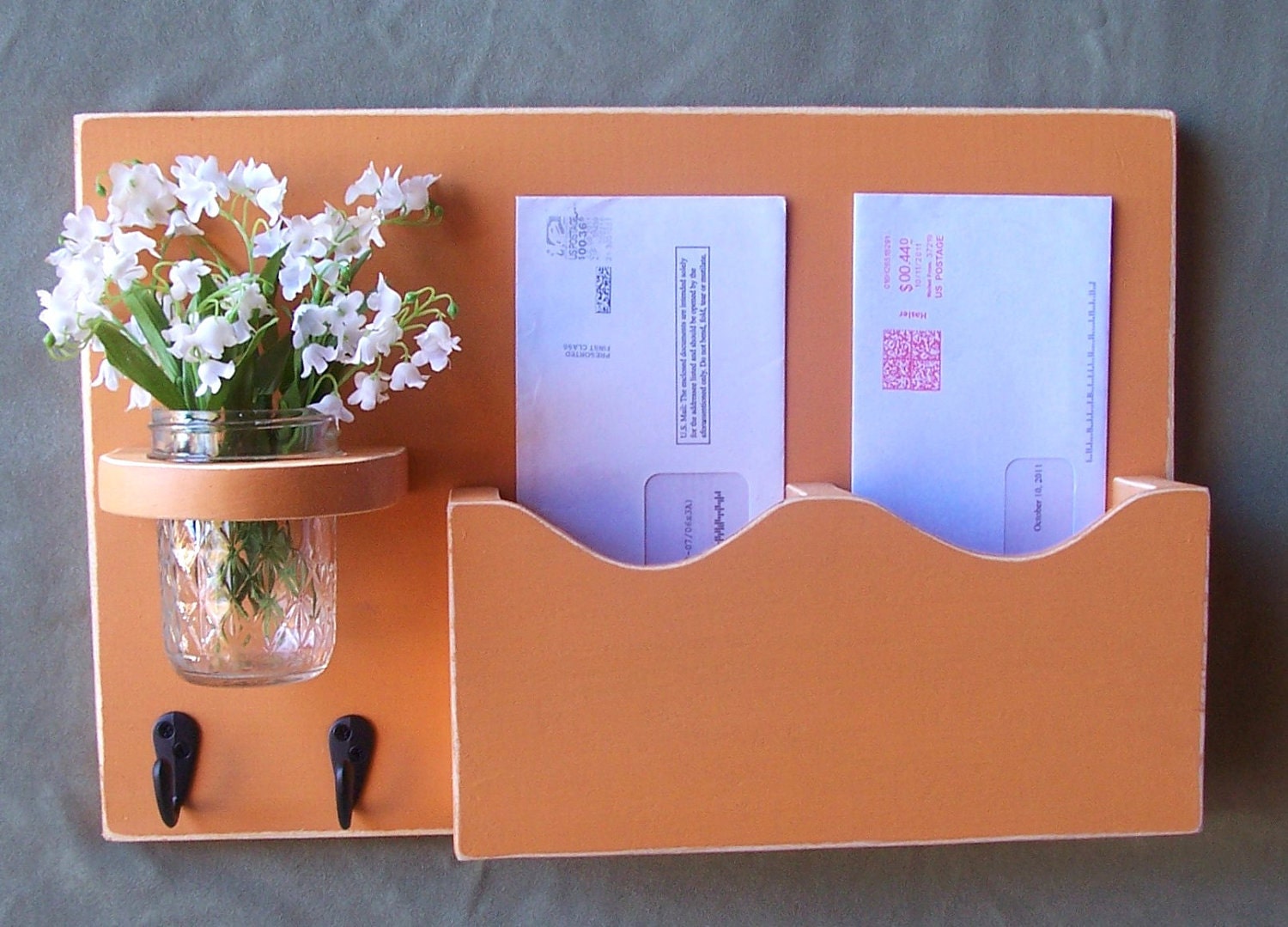 Mail Organizer - Mail and Key Holder - Letter Holder - Double Slots - Key Hooks - Jar Vase - Organizer - Painted Distressed Wood
