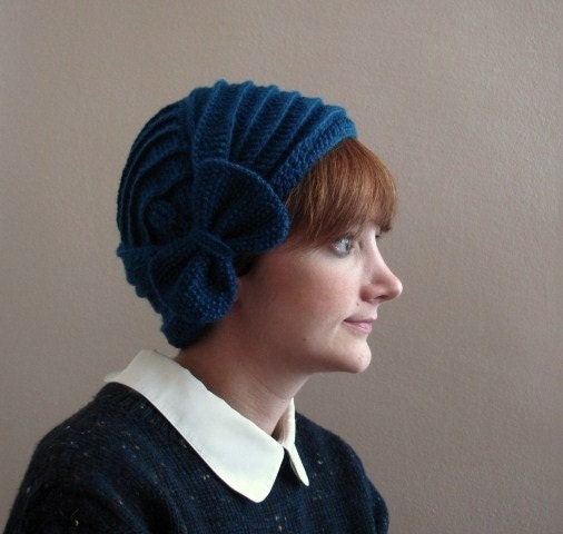 Blue Crochet Beret with Bow