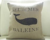 Burlap French Whale pillow cover summer coast beach house - Etsy Front Page item