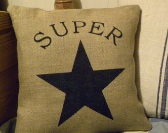 Burlap and navy Super Star pillow/cushion cover