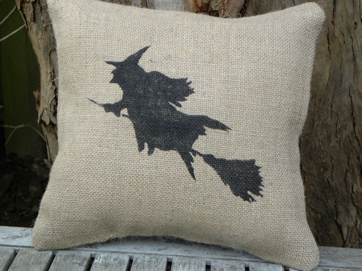 Halloween flying witch on broomstick silhouette burlap accent pillow cushion