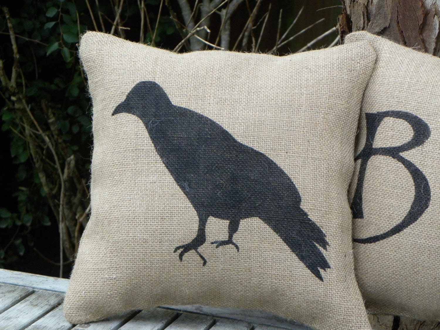 Halloween crow silhouette burlap accent pillow cushion