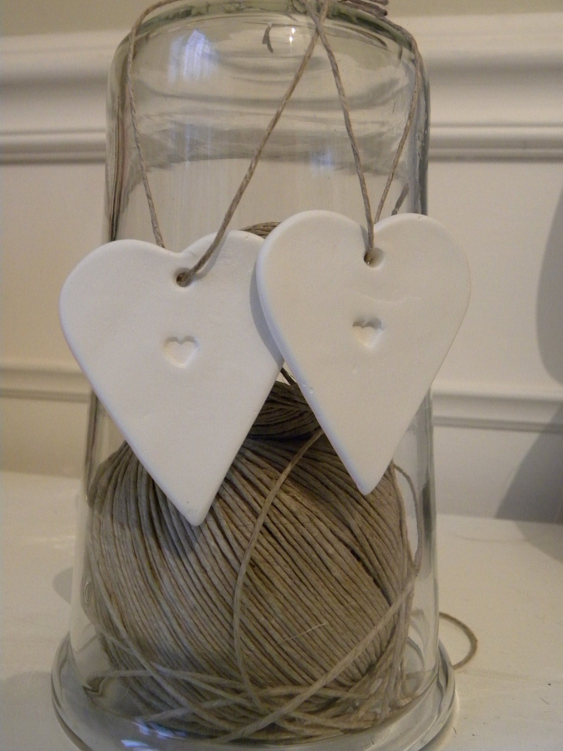 White clay hanging love heart decoration set of 2