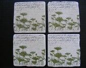 Mom Mothers Day Gift Idea Green Wildflowers Tile Coasters - Black French Script with Olive or Sage Green Flowers - Set of 4 Home Decor