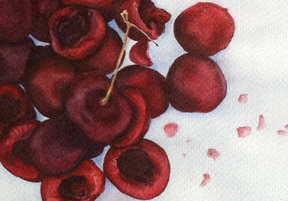 art print, red cherries, still life watercolor print
