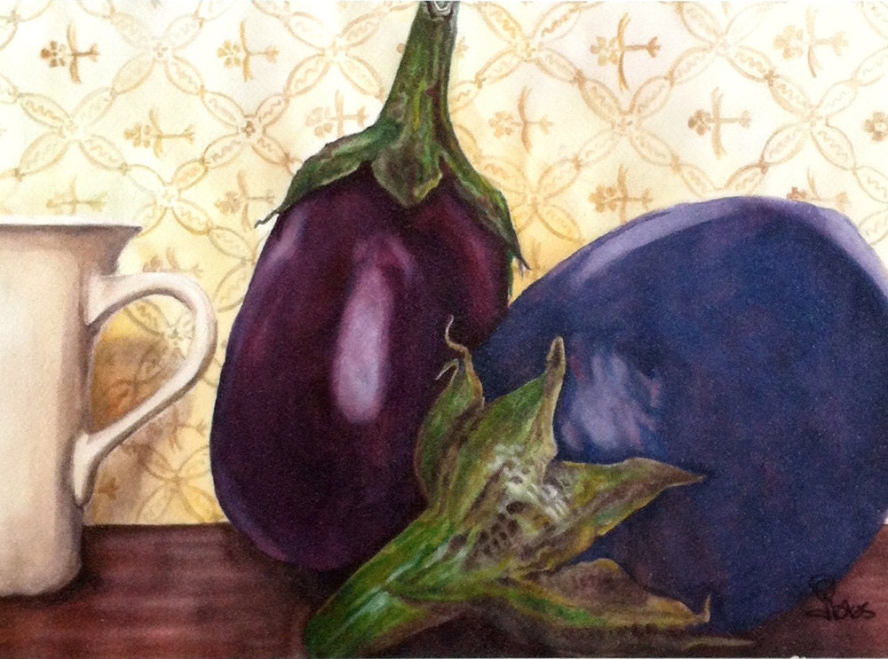 eggplant, still life painting, kitchen art