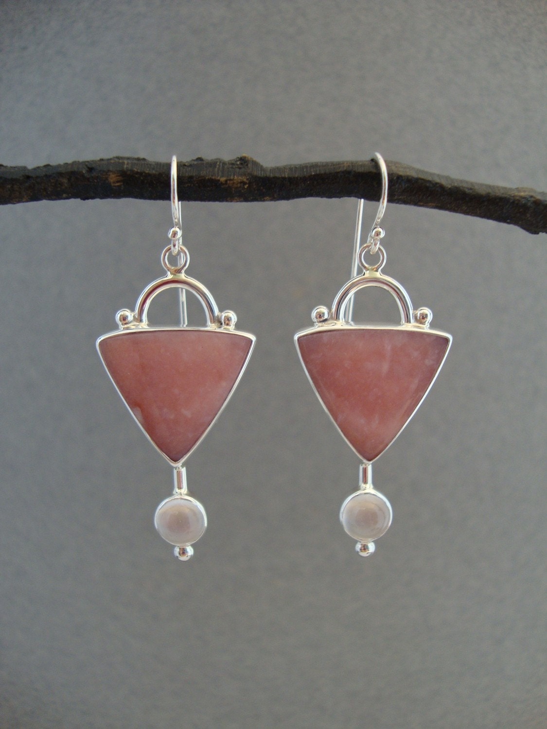 Pink Opal and Moonstone Earrings in Sterling