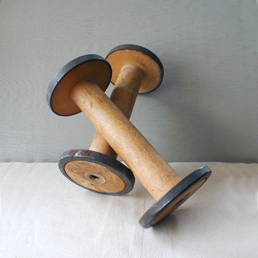 Large Antique Mill Textile Wood Spools Pair
