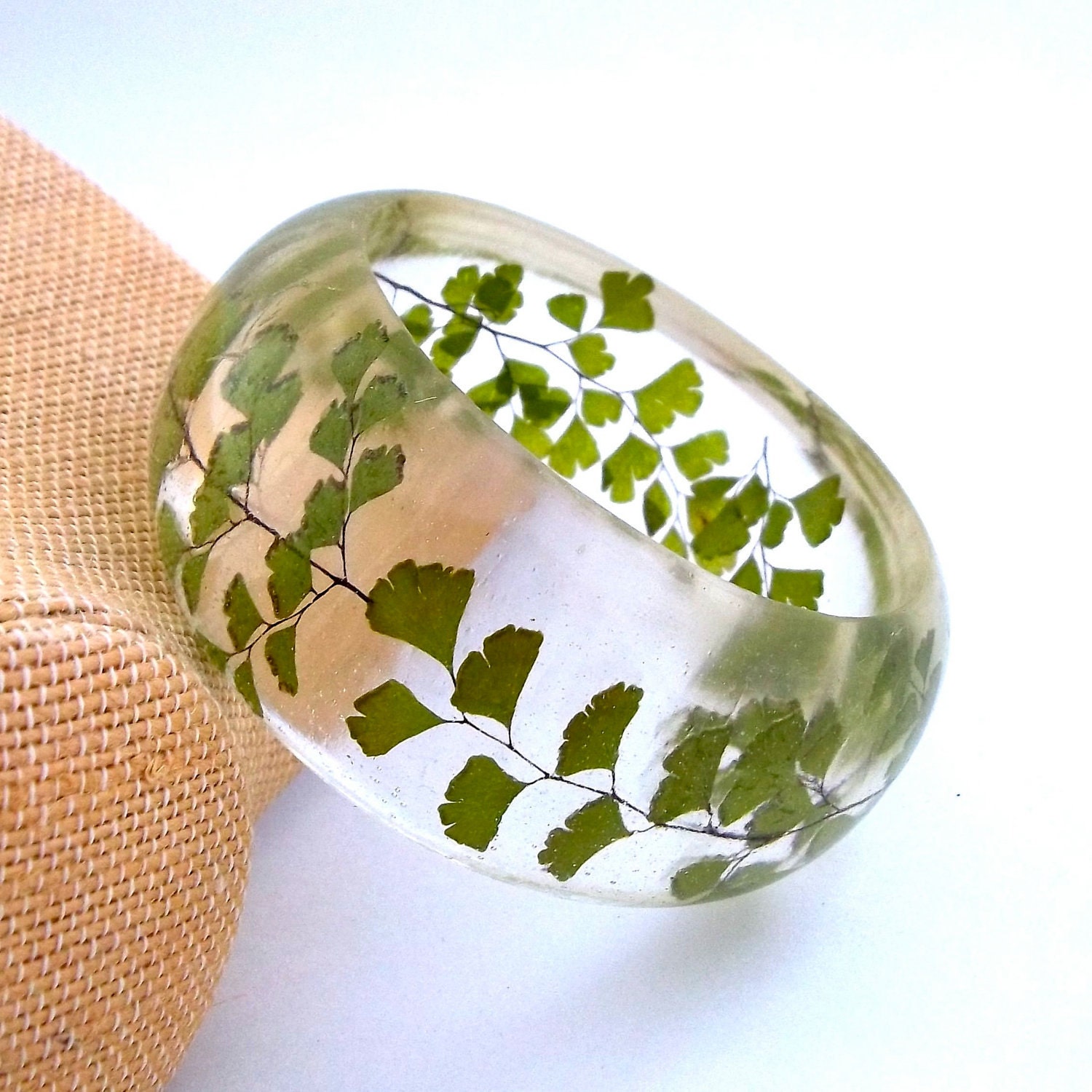 Fern Resin Bangle.  Green Bangle Bracelet.  Pressed Flower Bangle - Maidenhair Fern.  Real Flowers.  Handmade Resin Jewelry