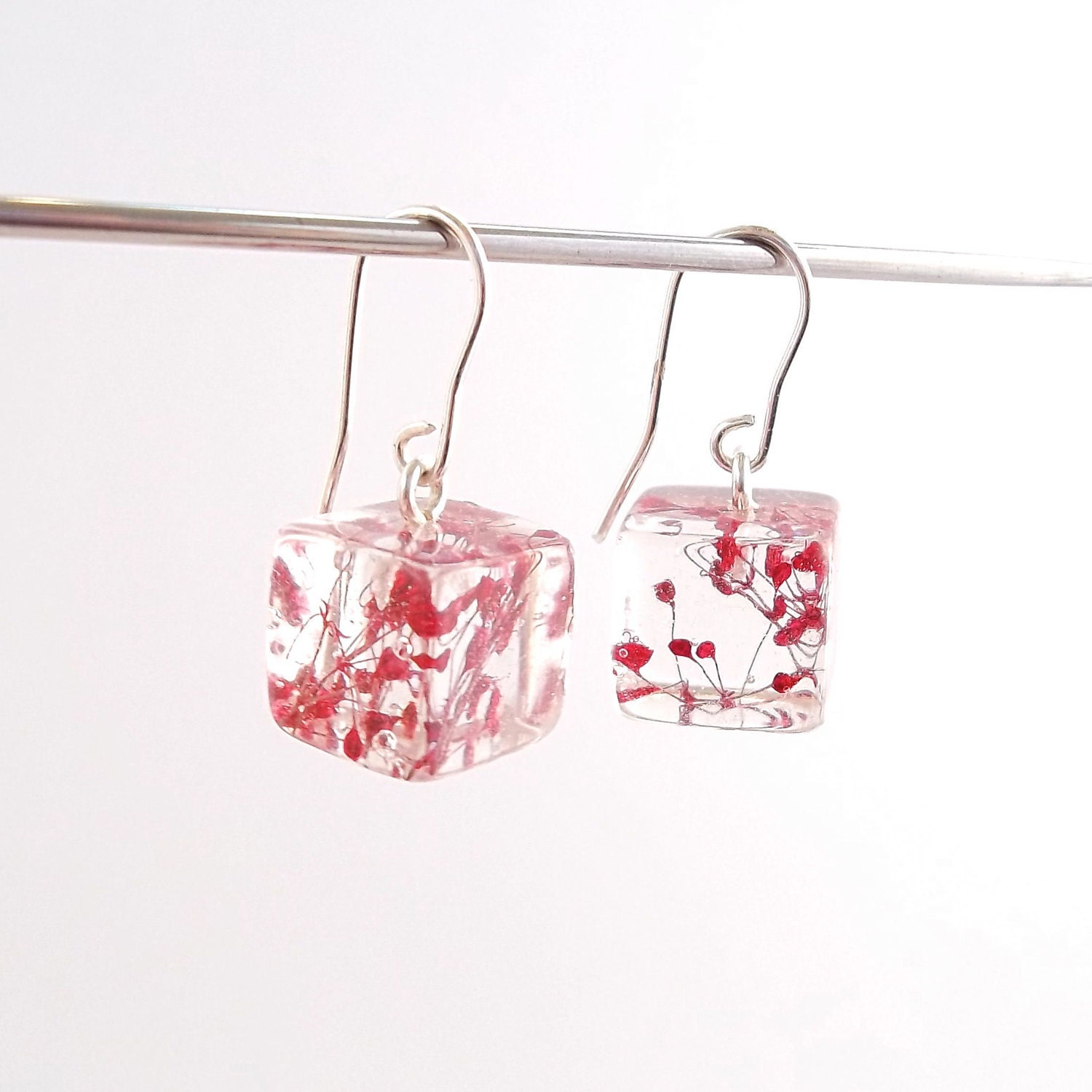 READY TO SHIP:  Red Resin Earrings. Pressed Flower Earrings.  Handmade Jewelry with Real Flowers - Red Baby's Breath