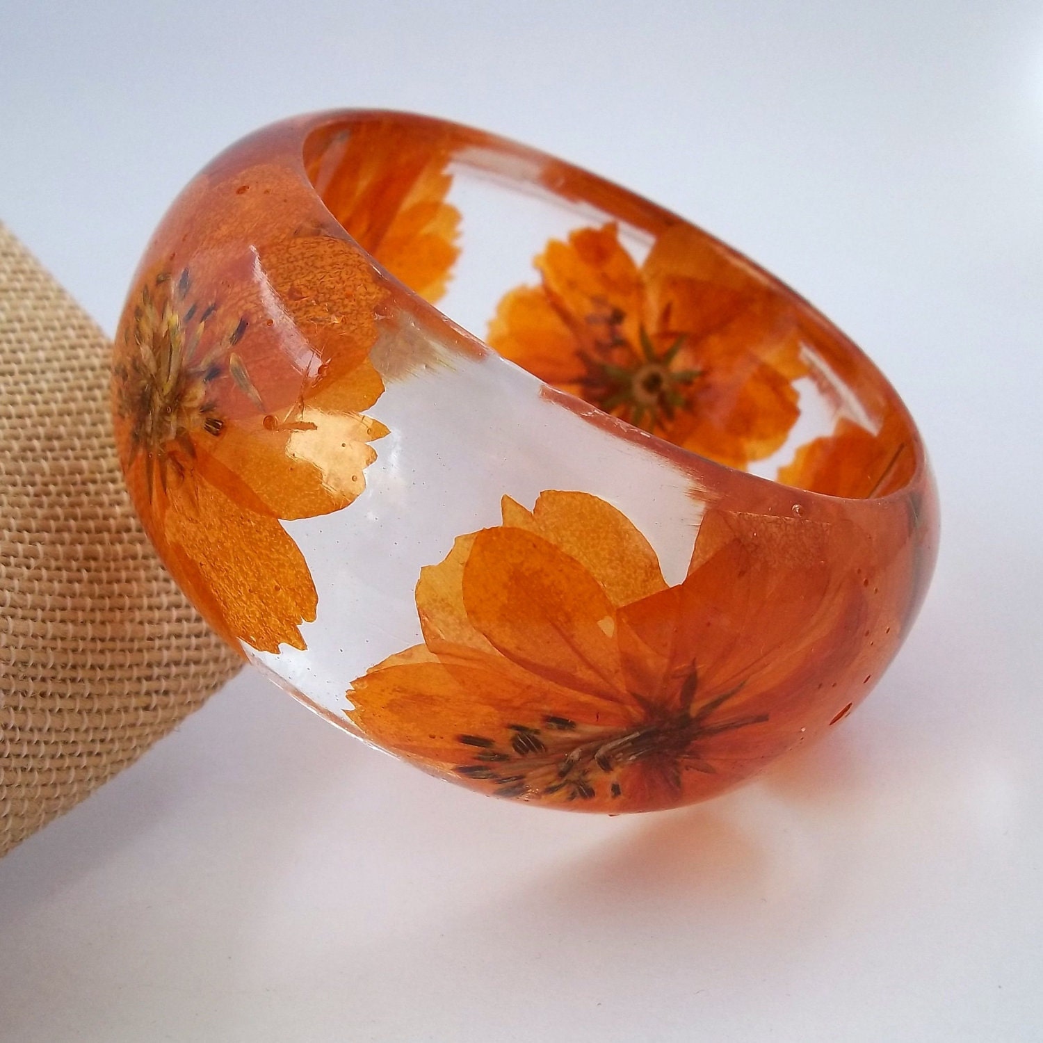 Orange Resin Bangle. Chunky Resin Bracelet. Pressed Flower Bracelet. Real Flowers - Orange Cosmos. Custom Engraving Personalized Jewelry