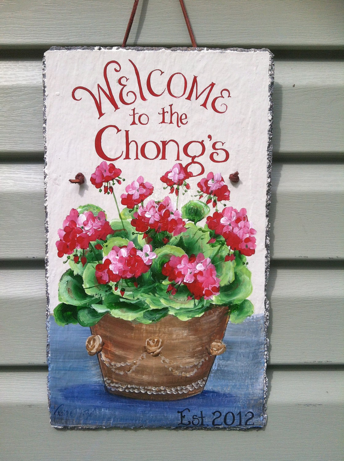 Hand Painted Welcome Sign - Red Geraniums on a Slate Plaque